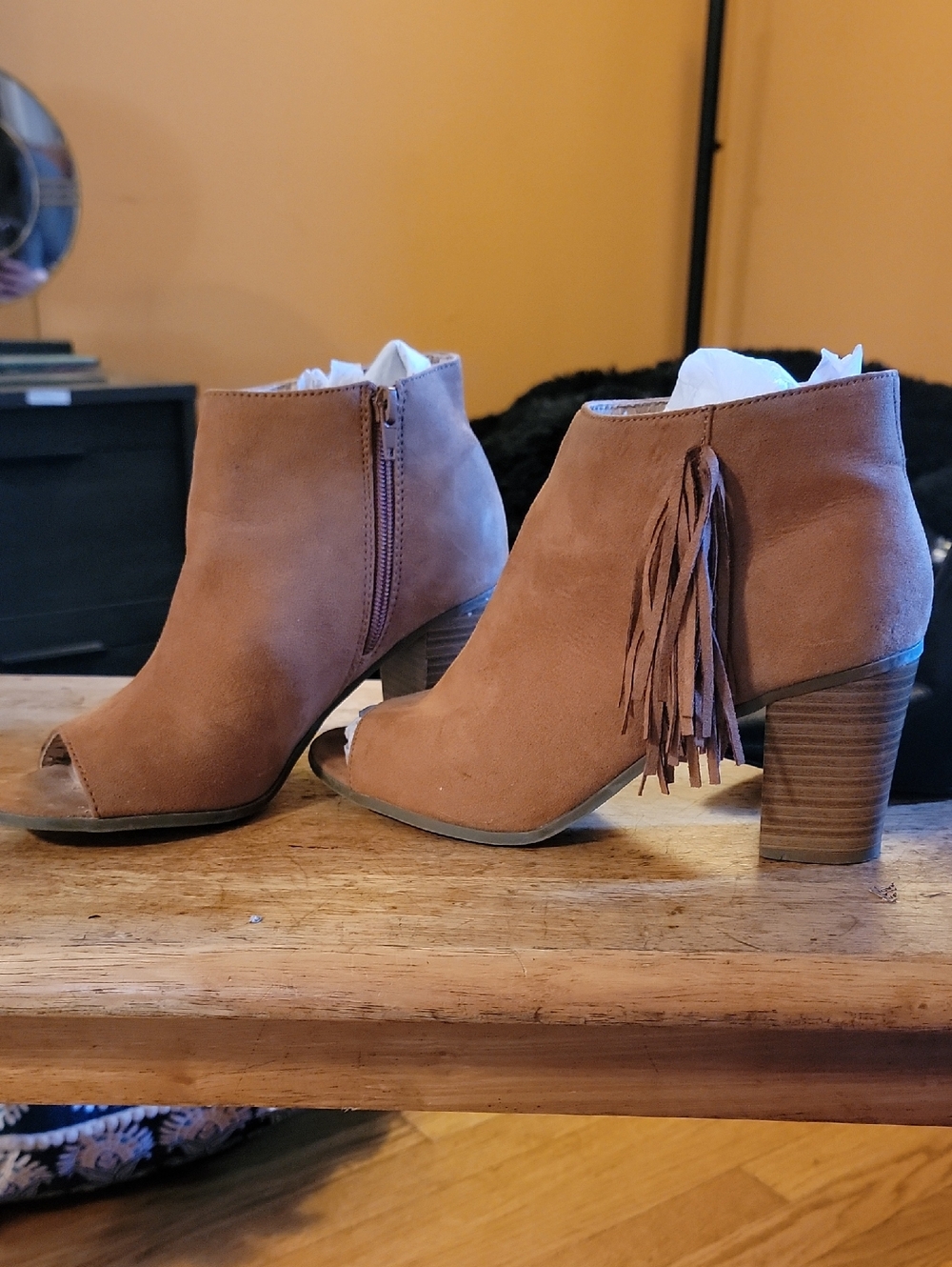 Women’s Tan Suede Peep-Toe Ankle Booties with Fringe